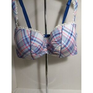 Cacique Intimates Balconette Bra 40DDD Blue Pink Plaid Lace Trim Mesh Back